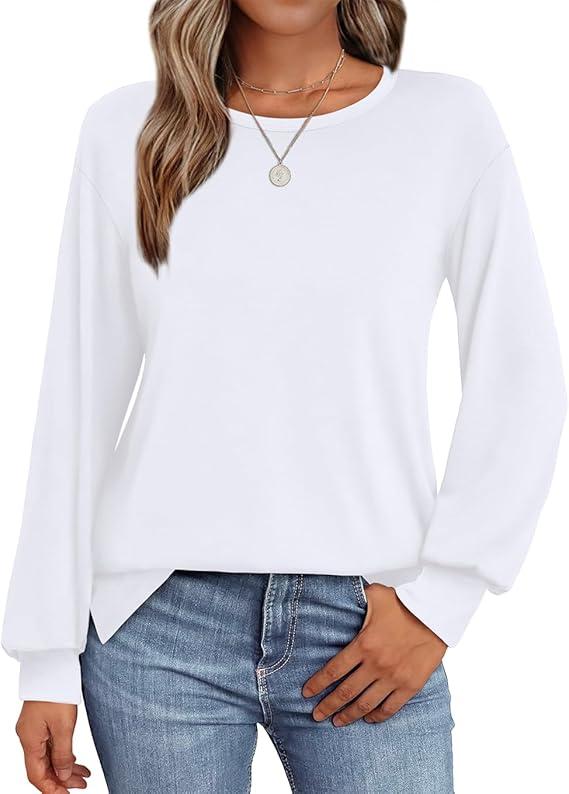OFEEFAN Long Sleeve Shirts for Women Loose Fit Crew Neck Tunic Tops Basic Tees with Side Split 3XL