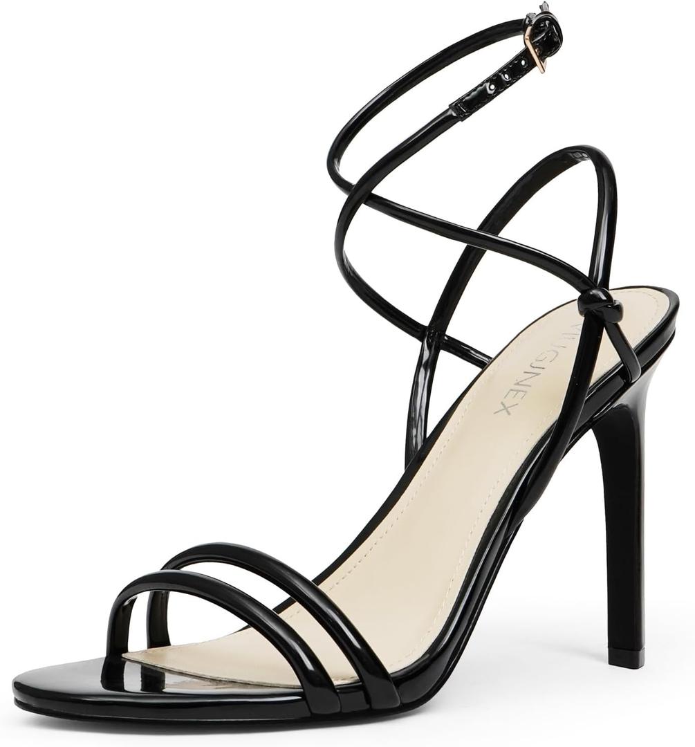Strappy Heels for Women Stiletto High Heels Open Toe Ankle Strap Sexy Prom Dressy Comfortable Lace Up Heeled Sandals (7, Black)