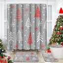 4 Pcs Merry Christmas Shower Curtain Set, Pine Tree Grey and Red Snowflakes Xmas Shower Curtain with Non-Slip Rugs, Toilet Lid Cover and Bath Mat Bathroom Sets Decorations 72" x 72"