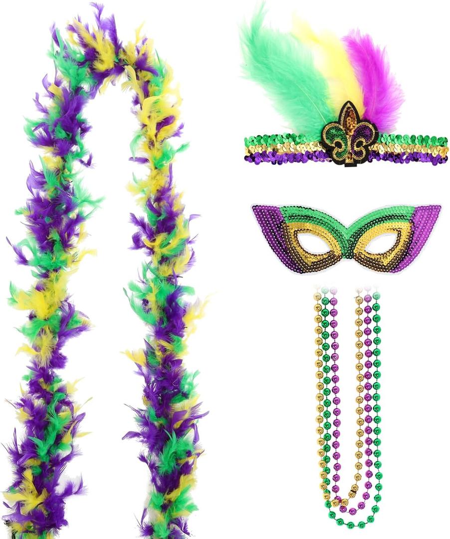 6 Pieces Mardi Gras Costume Accessory Outfit Set Faux Feather Headband headpiece Sequin Fascinators Mask Mardi Gras Beads Necklaces Feather Boa for Men Women Carnival Halloween Party Favor