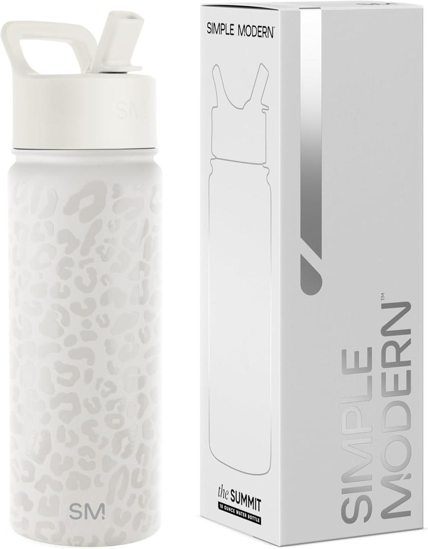 Simple Modern Kids Water Bottle with Straw Lid Vacuum Insulated Stainless Steel Metal Thermos Bottles | Reusable Leak Proof BPA-Free Flask for School | Summit Collection | 18oz, Cream Leopard