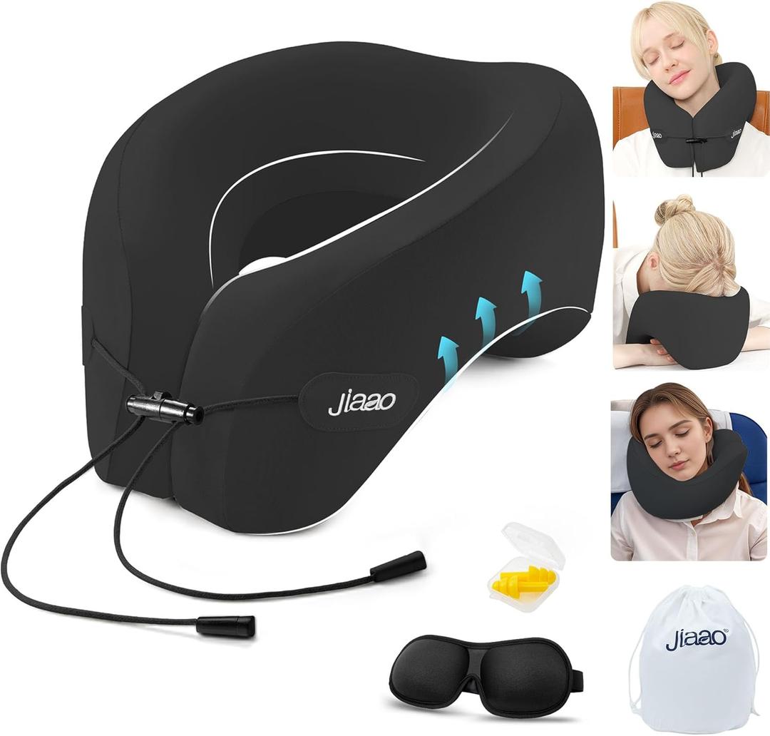 jiaao Neck Pillow Airplane, 2025 Upgraded Memory Foam Travel Pillow for International Flights, Adjustable Clasp, Storage Bag, Advanced Neck Support for Road Trips, Home, Office, and Gaming (Jet Black(drawstringe))