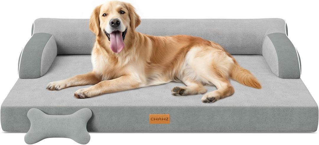 CWAWZ XL Orthopedic Dog Bed, Extra Large Dog Bed, Dual-Sided Pet Cooling Beds with Memory Foam Washable Cover Nonslip Bottom, Waterproof XLarge Pet Couch Beds with Bolsters, Light Grey