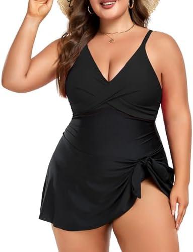 MFAVIP Women Plus Size Swim Dress Tummy Control One Piece Swimsuit V Neck Wrap Full Coverage Bathing Suit Cute Tie Knot XL