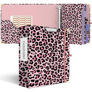 3 Ring Binder 3 Inch, Cute Round Ring Binder with 6 Tab Dividers & Label Stickers, Low Profile Clipboard with Storage, Fashion Binder for School Office Supplies (Pink Leopard)