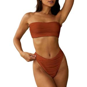 ZAFUL Women Strapless Textured Bandeau Bikini 2 Piece Swimwear Cheeky Solid Lace up Bathing Suits (Brown, M)