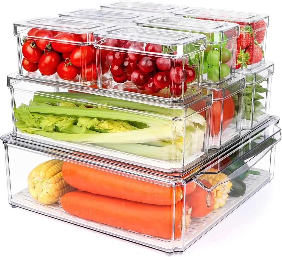 10 Pack Refrigerator Pantry Organizer Bins, Stackable Fridge Organizer Bins with Lids, Clear Plastic Food Storage Bins for Kitchen, Countertops, Cabinets, Fridge, Drinks, Fruits, Vegetable, Cereals (Transparent)