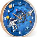 Silent Wall Clock, 12 Inch Space Non-Ticking Wall Clock, Battery Operated Space Travel Astronaut Decor Clock for Office, Classroom, Bedroom, Living Room, Kitchen