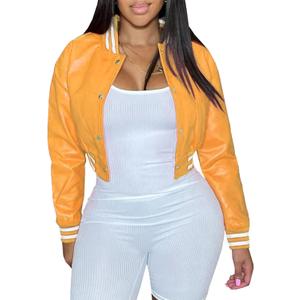 Xaspee Varsity Bomber Jacket Women Causal Baseball Crop Top Letterman Faux Leather Snap Button Sports Outwear Jackets (XX-Large, Yellow)