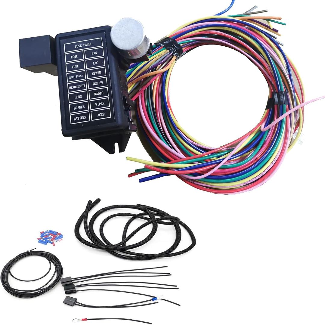14 Circuit Wiring Harness Kit Extra Long Wires 14 Fuse 12V (New) Replacement for Chevy Mopar Ford Hotrod Universal w/Product Instruction Street Muscle Car, Hot Rod