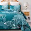 King Quilt Sets Teal Floral Pattern Quilt Bedding Set, 3 Pieces Botanical Quilt Bedspread Coverlet Set, Soft Microfiber Boho Flower Bed Coverlet Bedding Set for All Season(104" x 90)
