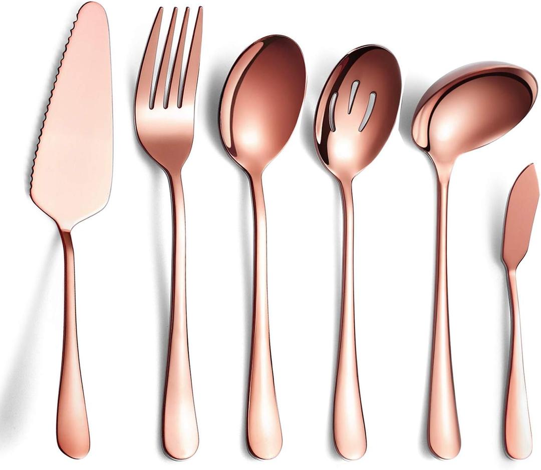 6-Piece Copper Serving Flatware Silverware Set,Stainless Steel Serving Utensil Set,Include Cake Server, Slotted Serving Spoon, Serving Spoon, Cold Meat Fork, Butter Knife, Soup Ladle