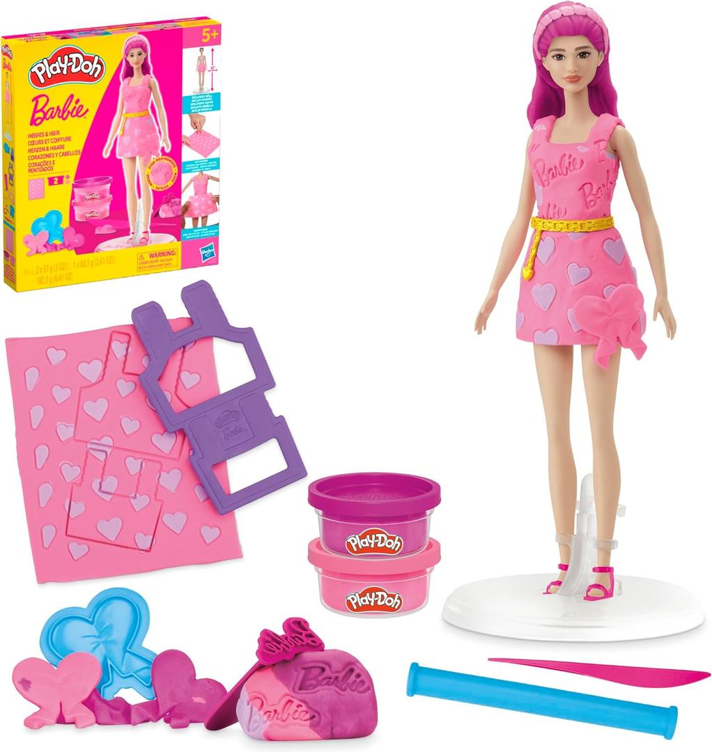 Play-Doh Barbie Hearts and Hair Set, Make Doll Clothes with Modeling Compound & 10 Fashion Accessories, Arts & Crafts for Girls & Boys 5+