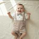 Newborn Baby Boy Gentleman Outfit Summer Short Sleeve Button Up Bowtie Dress Shirt Romper Plaid Suspender Shorts Set (White)