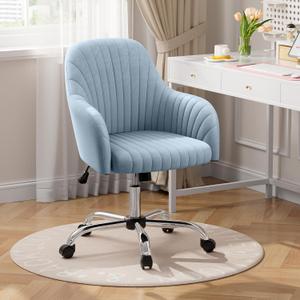 Warmiehomy Velvet Desk Chair for Home Office, Modern Adjustable Swivel Task Chair, Women Vanity Chairs with Arm Rest for Bedroom Dressing Room, Light Blue