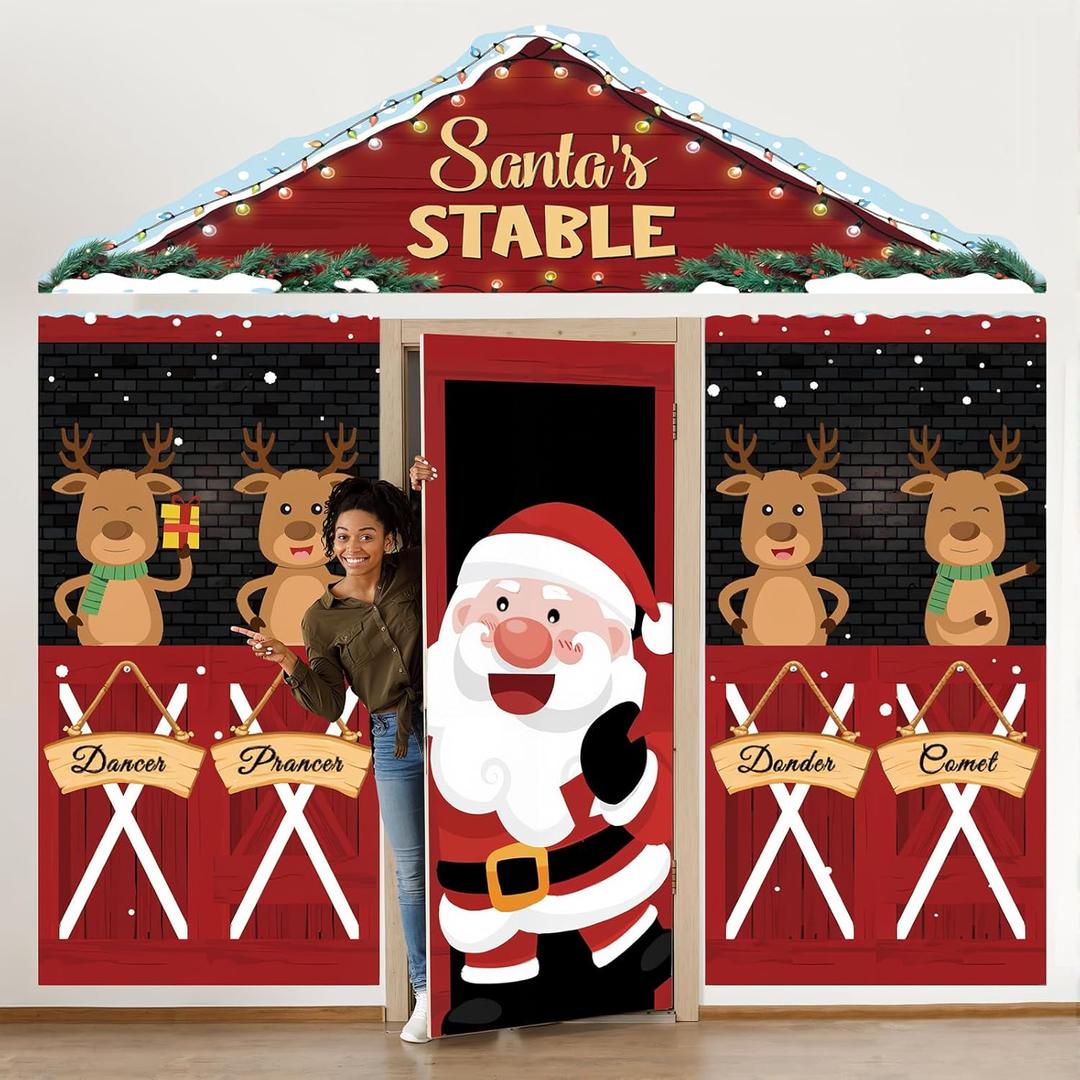 4 Pcs Christmas Reindeer Stable Door Cover Cute Front Door Xmas Decorations Elk Reindeer Hanging Banner Backdrop for Home Decor Holiday Photo Booth Props