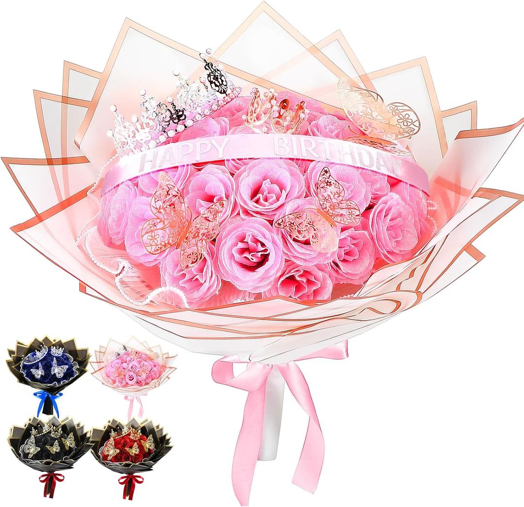 36 Pcs Valentines Glitter Roses Bouquet Gifts Artificial Rose DIY Flower Bouquet Kit Birthday Gifts Flower Wrapping Paper 3D Butterflies Crowns for Anniversary (Pink)