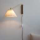 Swing Arm Plug in Wall Reading Lights for Bedroom Wood Farmhouse Wall Sconce with Pleated Fabric Shade Adjustable Long Arm Nordic Modern Wall Mounted Lamp for Bedroom Bedside Living Room