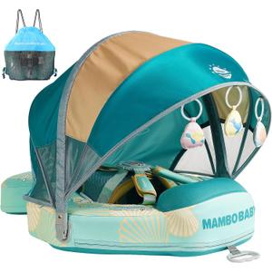 Mambobaby Float Add Tail Baby Swim Float with Canopy Solid Pool Infant Swim Trainer Swimming Training Lying Air Free Water Floats Non-Inflatable Waist Swim Ring for Toddlers (Shell - Green), Medium