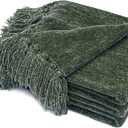 RECYCO Throw Blanket Soft Cozy Chenille Throw Blanket with Fringe Tassel for Couch Sofa Chair Bed Living Room Gift (Dark Green, 60" x 80")