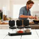 Condiment Pot Spice Jar with Stainless Steel Lids and Spoons, 8.6oz Clear Glass Seasoning Box with Tray Set of 3, Salt Pepper Storage Container Sugar Bowl for Kitchen