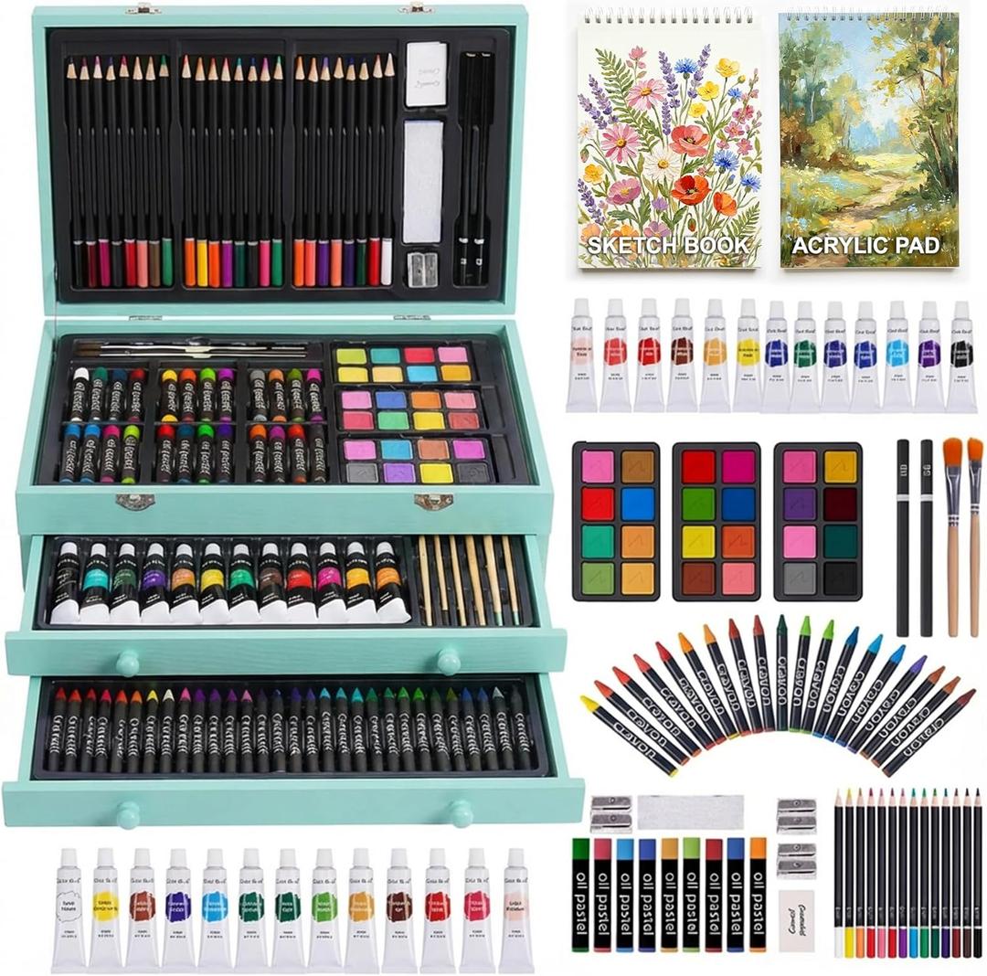 175-Pack Deluxe Wooden Art Set Drawing Painting Kit with 2 Drawing Pads, Acrylic Paints, Colored Pencils, Crayons, Paint Brush, Art Kit in Wooden Case, Gift for Artist, Adults, Teens and Kids (Blue)