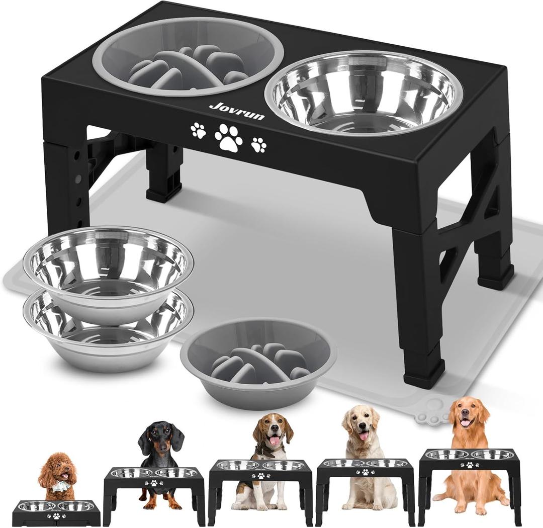 Elevated Dog Bowls, Dog Feeder with 2 Stainless Steel Dishes &1 Slow Feeder Bowl, 5 Heights Adjustable Raised Stand for Medium Large, Food Dishes with Non-Slip Feet (For Medium Large dogs with Mat, Black)