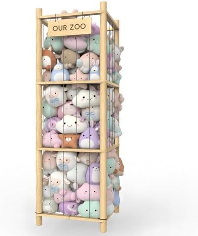 Stuffed Animal Storage & Organizer, Wooden Eco-Friendly Toy Holder with Elastic Ropes & DetachableBag, Fun Interactive Plush Toy Storage, Easy Assembly Durable Organizer for Nursery, Bedroom &Playroom