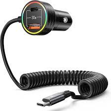 SB-C Super Fast Car Charger PD&QC 3.0-60W, 30W Type-C Coiled Cable - 1 Pack for iPhone 15-8 Series/Samsung Galaxy S23-S21/Google Pixel/Android/iPad/MacBook