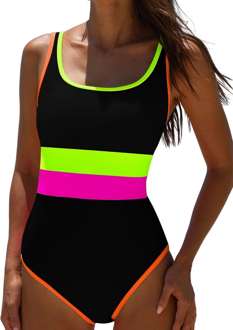 popvil Women's One Piece Swimsuits Tummy Control -Slimming Bathing Suit Neon 1 Piece Beach Outfit Sexy Sport Swim Suits (Large, Black Yellow)