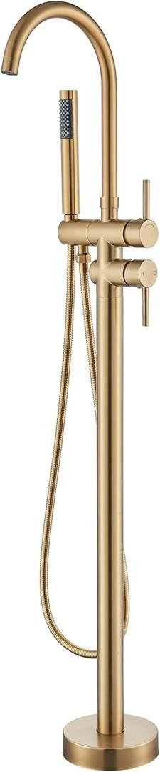 Free Standing Tub Faucet, Qinkell Classic Elegant Gooseneck Freestanding Bathtub Faucet with Sprayer Brass Luxury Floor Mount Bath Faucets High Flow Roman Tub Filler, Brushed Gold (QC-202511BG) (202511-Brushed Gold)