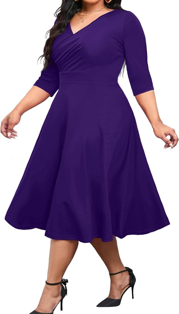 CLOCOR Women's Plus Size Midi Dress 3/4 Sleeve A-Line Swing Dress V Neck Flowy Casual Dresses (Purple, XXL)