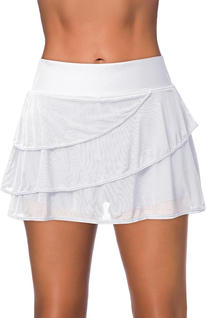 Aleumdr Women's Waistband Layered Swimdress Ruffle Swim Skirt Swimsuit Bottom (Small, White)