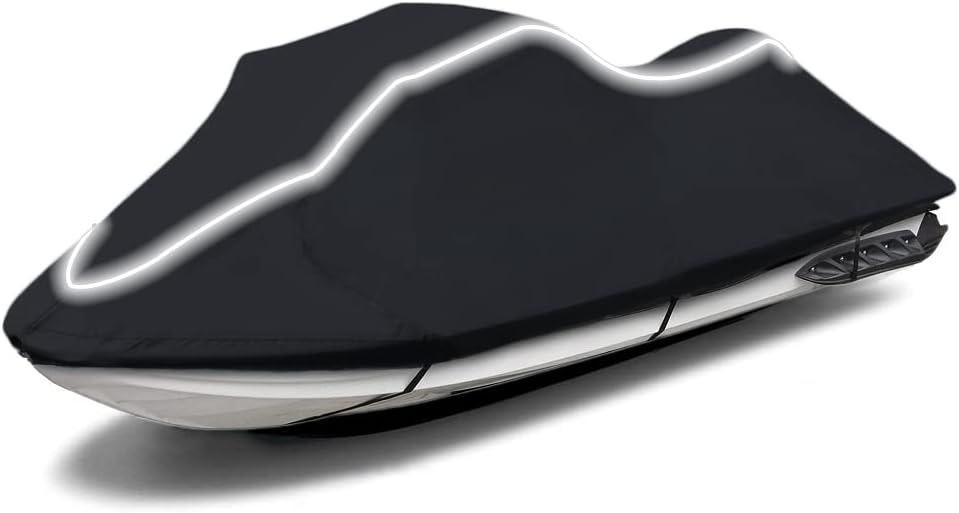 Upgraded Fade and Crack Resistant Trailerable Jet Ski Cover, Heavy-Duty Waterproof and UV Protection PWC Cover,Jetski Watercraft Cover with Reflective Strips Black Fits from Stand-up