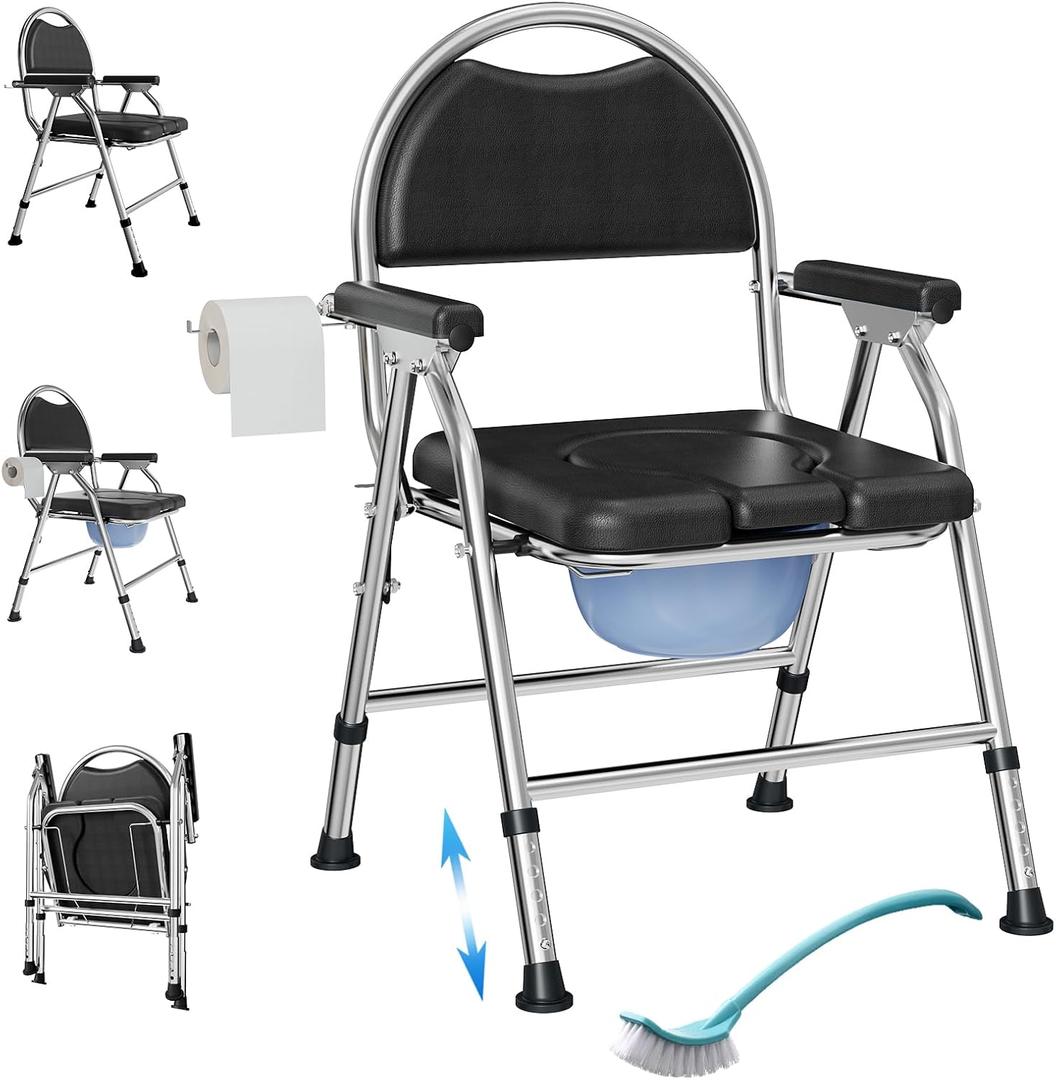 Folding Bedside Commode Chair for Elderly with Adjustable Height, Toilet Seat with Arms Handles and Back Support, Adults Potty Chair with Paper Roll Holder for Seniors, Disabled, and Pregnant (Black)