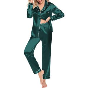 Samring Women's Silky Satin Pajamas Long Sleeve and Pants Sleepwear PJ Set Dark Green S