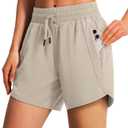 Ksmien Women's 5"/ 7" Athletic Running Shorts Quick Dry Lightweight Workout Gym Shorts with Zipper Pockets UPF 50+ Khaki L