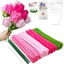 200 pcs Pink Pipe Cleaner Flowers Craft kit for DIY Tulip Bouquet with tutoria,4 Colors(3 Pinks and Olive Green),Chenille Stem Flowers Craft with 12 pcs Green Floral Wires,Gardening Tape