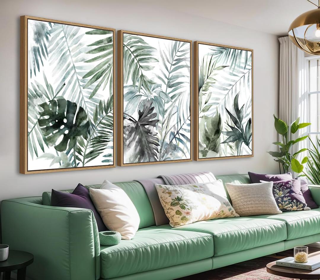 Large Framed Canvas Wall Art - Natural Float Framed Tropic Leaf Pictures Wall Art Prints for Living Room Decor Green Plants Artwork for Bedroom Kitchen Home Office Decoration 60" X 28" Set of 3, 20" X 28" X 3pieces Framed