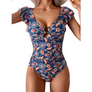 Eomenie Women's One Piece Swimsuit Tummy Control Bathing Suit Cutout Ruffle Slimming Swim Suit (Medium, Navy Blue Print)