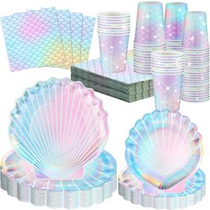 200 Pcs Mermaid Party Supplies 100 Pcs 7 Inch 9 Inch Disposable Paper Seashell Plates, 50 Napkins and 50 Cups Mermaid Dinnerware Set for Birthday Baby Shower Wedding Ocean Party Decoration