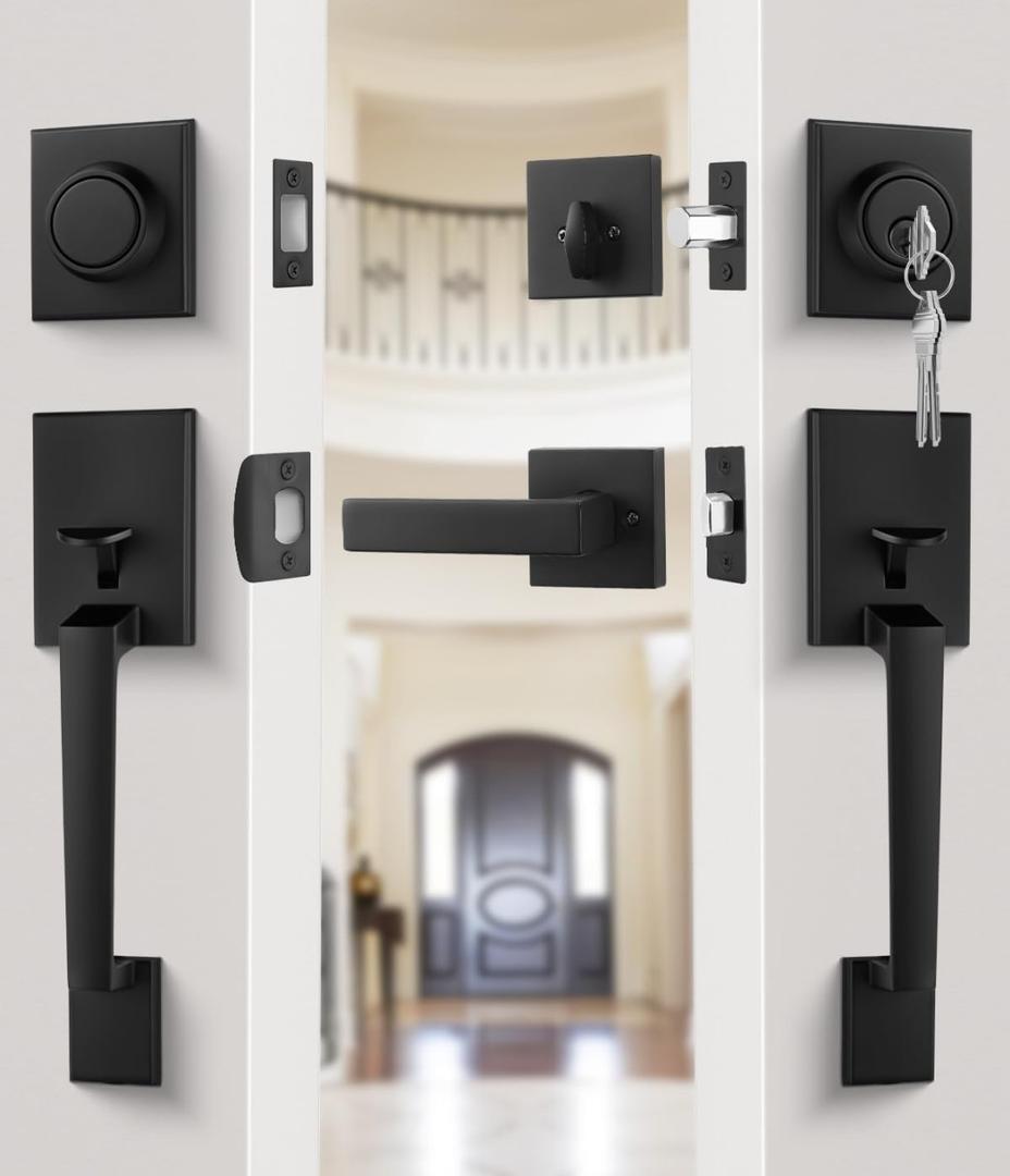 Goldenwarm Double Front Door Lock Set, Black Double Door Handle Set, Matte Black Double Door Handle with Dummy, Modern Double Front Door Hardware Set with Reversible Handle Lever. black matte