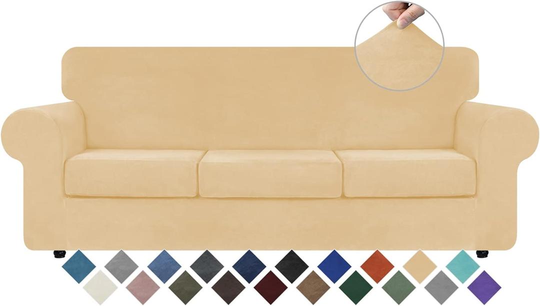 WEERRW 4 Pieces Velvet High Stretch Couch Covers for 3 Cushion Couch Sofa Slipcovers, Washable Furniture Protector with Non Slip Elastic Bottom, Feature Soft and Thick Plush Fabric, Champagne, Large WEERRW 4 Pieces Velvet High Stretch Couch Covers for 3 Cushion Couch Sofa Slipcovers, Washable Furniture Protector with Non Slip Elastic Bottom, Feature Soft and Thick Plush Fabric, Champagne, Large