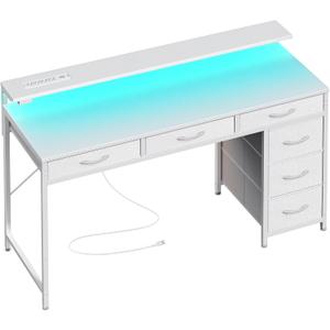 Huuger Gaming Desk with 6 Drawers, Computer Desk with LED Lights Power Outlets and Type-C, 47 Inch Office Table with Storage, Monitor Stand, Writing & Work Home Office, Bedroom, Study, White