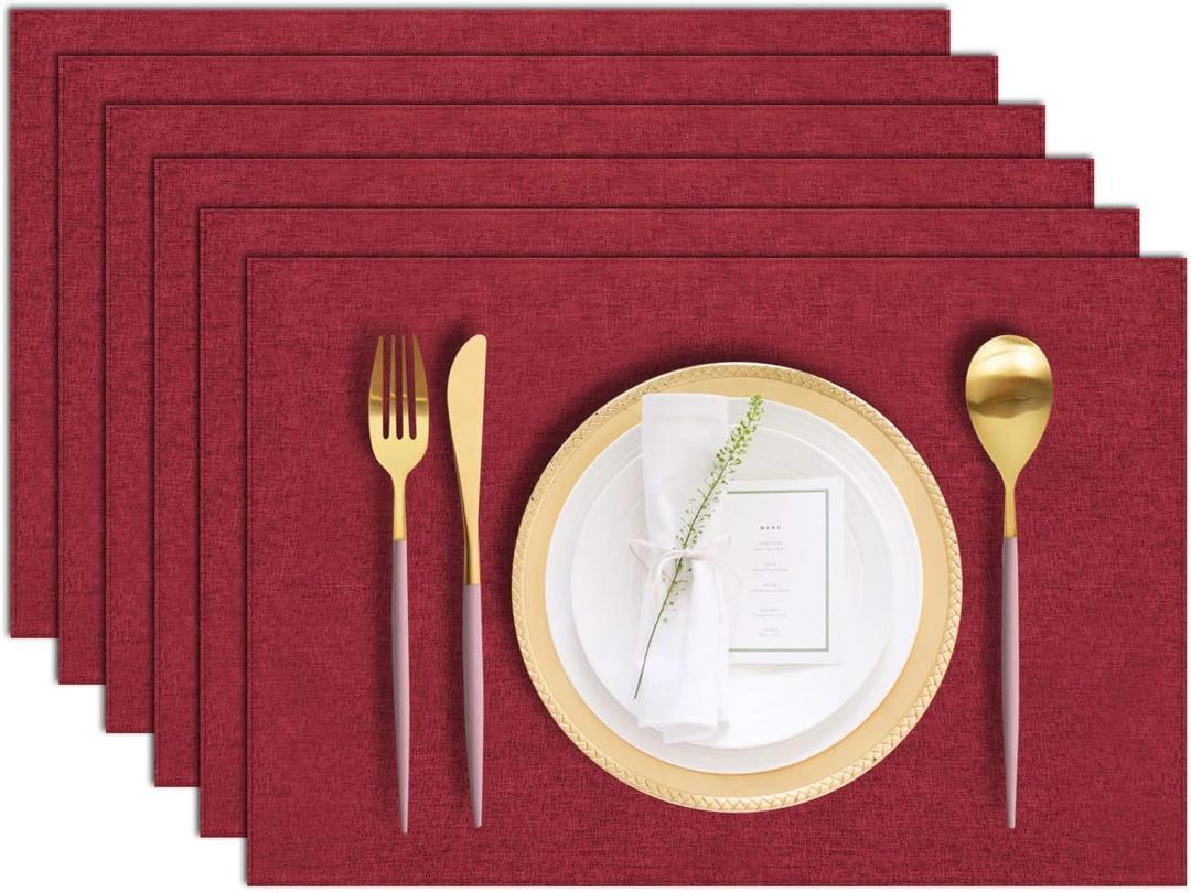 Cloth Placemats Set of 6, Cotton Linen Blend Machine Washable Durable Linen Table Mats, Heat Resistant Placemats Wrinkle Free Place Mats for Dining Table, Easy to Clean (Burgundy, 6)