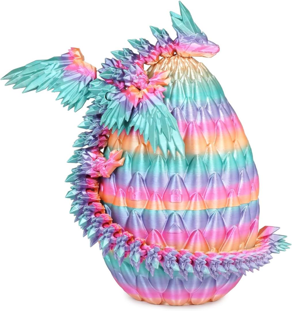 3D Printed Flying Dragon Egg with Articulated Dragon Inside  Toys&Gifts for Kids,Home Decor,Birthday,Easter (Rainbow, Large) (Large-6.7inches)