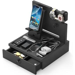 Zaldia Wood Phone Docking Station, Nightstand Organizer with Drawer, Bedside Table Organizer for Watch & Accessories, Christmas Anniversary Birthday Gifts for Men,Dad,Husband