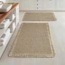 Set of 2 Waffle Bathroom Rugs, Super Absorbent Boho Bath Mats, Non-Slip Shower Mats for Bathroom Floor and Tub, Ultra Soft Waffle Weave Runner Mat, Quick Dry, Brown, 17x24+18x30 Inch