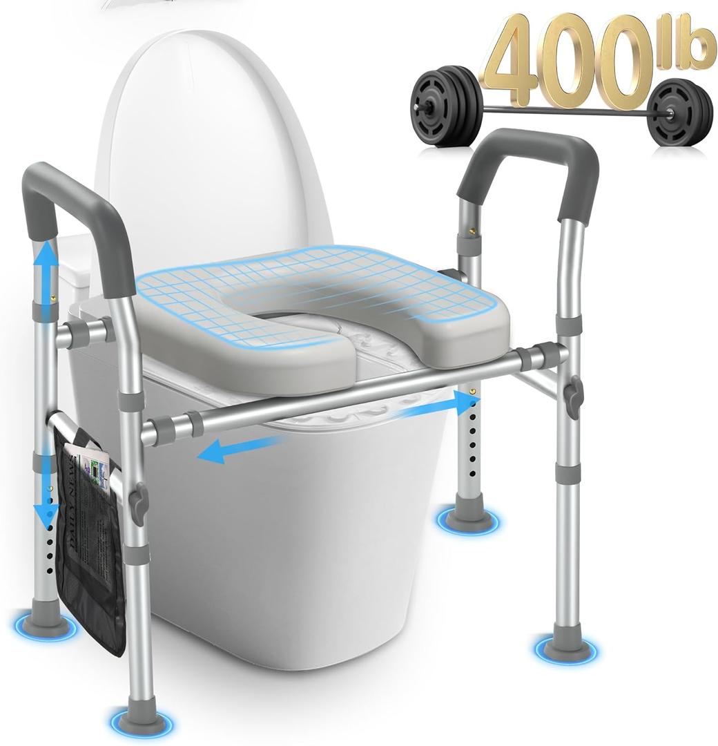 Raised Toilet Seat with Handles, Width & Height Adjustable Raised Toilet Seat, FSA/HSA Eligible 400lb Armrests & Wide Seat, Standard Raised Toilet Seat for Seniors, Pregnant, Handicap, Fit Any Toilet