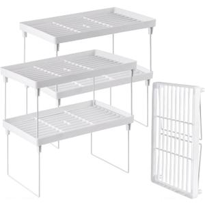 NiHome 4-Pack Stackable Plastic Kitchen Storage Shelf Foldable Rack - White Kitchen Cabinet Organizer and Storage Shelves Stackable Expandable Storage Racks for Counter Cabinet Pantry